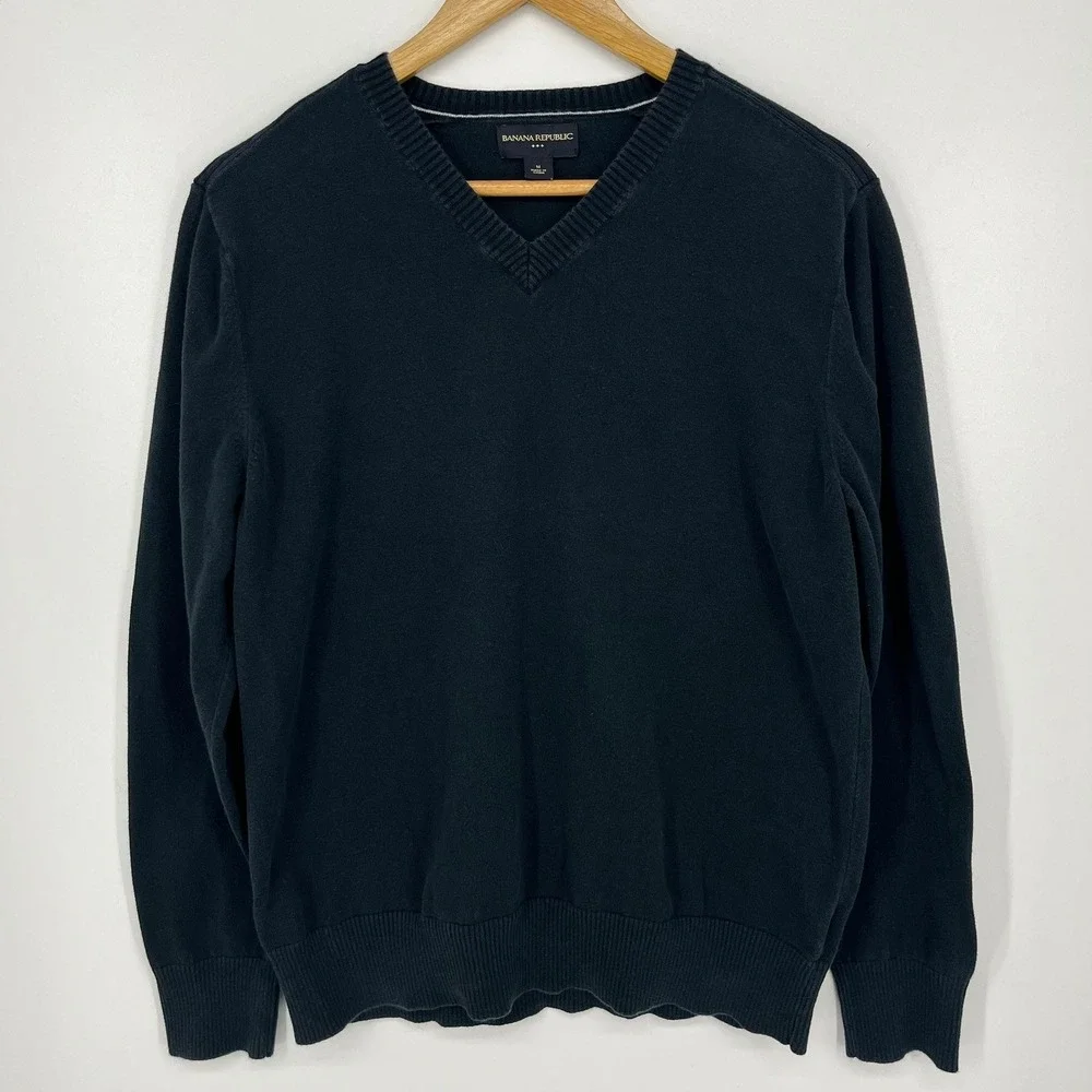 Banana Republic Mens V-Neck Sweater Navy Blue 100% Cotton Size M Retro 2012